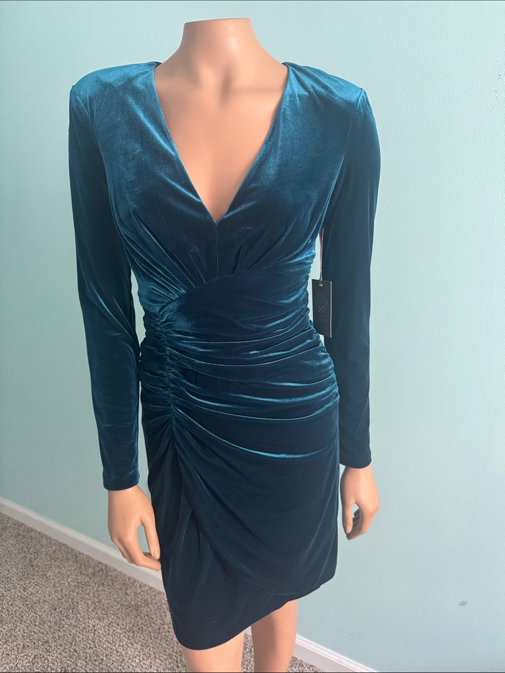 Vince Camuto Teal Velvet Ruched V-Neck Long Sleeve Dress
